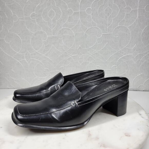 VTG Bass Artist Mules Womens 6 Black Leather Slip On Square Toe Block Heel 2003 - Picture 4 of 16